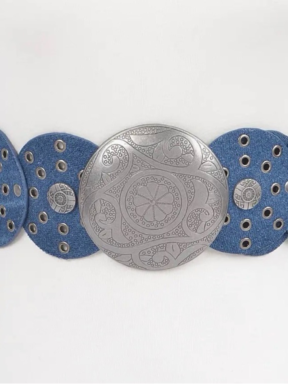 Boho Blue Denim Wide Belt with Decorative Silver-Tone Buckle